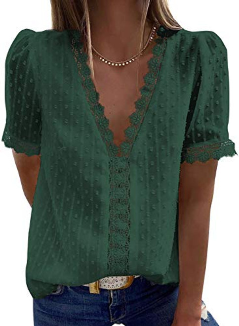 Astylish Womens Chiffon Blouse Swiss Dot Casual Short Sleeve V Neck Pom Pom Shirts Tops Green Medium