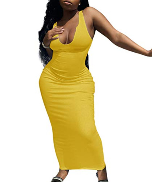 Remelon Womens Sexy Sleeveless Deep V Neck Tank Ribbed Basic Racerback Bodycon Party Midi Maxi Dress Yellow XXL Remelon Womens Sexy Sleeveless Deep V Neck Tank Ribbed Basic Racerback Bodycon Party Midi Maxi Dress Yellow XXL