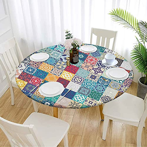 Moroccan Round Table Cover 40", Patchwork Pattern with Different Colorful Arabic Figures Original Tunisian Artful Farmhouse Tablecloth Outdoor Patio Decor