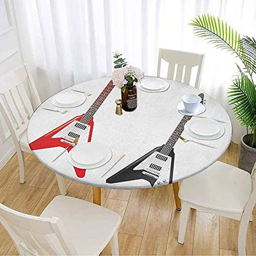 Guitar Fitted Table Cover 40", Musical Instrument with V Shaped Design Famous Rock and Roll Strings Creativity Farmhouse Tablecloth for Wedding Party Dining Banquet