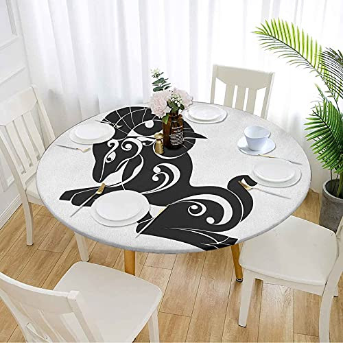 Zodiac Aries Outdoor Table Cover 40", Abstract Monochrome Goat Figure Swirled Horns and Floral Curly Details Waterproof Wipeable Cover Outdoor Patio Decor