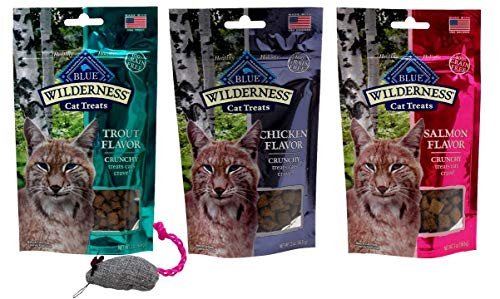 Blue Wilderness Grain Free Crunchy Treats for Cats 3 Flavor Variety with Toy Bundle, -1- Each- Trout, Chicken, Salmon -2 Ounces-
