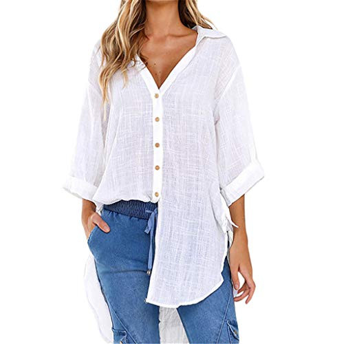 Women's T-Shirt Blouse, Womens Loose Button Long Shirt Dress Cotton Ladies Casual Tops T-Shirt Blouse White