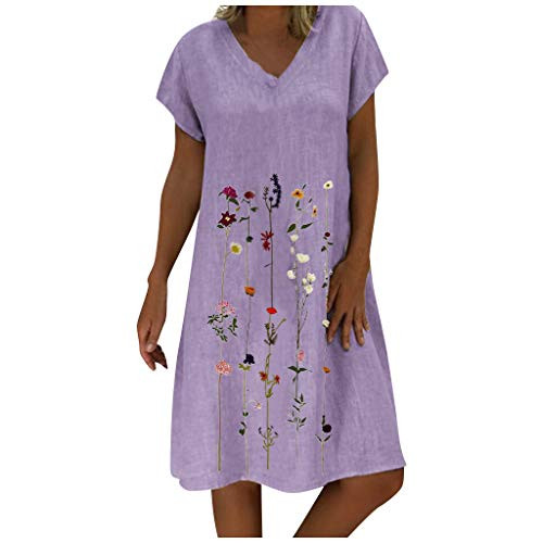 iQKA Women's Plus Size Cotton Linen Shirt Dresses Floral Print Embroidered Short Sleeves V-Neck Casual Short Dress-Purple,2XL-
