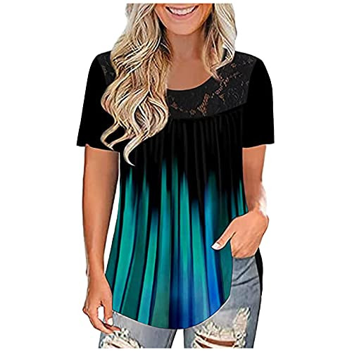 AODONG Womens Short Sleeve Tops, Women's Plus Size Lace Pleated Shirts Casual Loose Summer Blouses Tunic Tees T Shirts