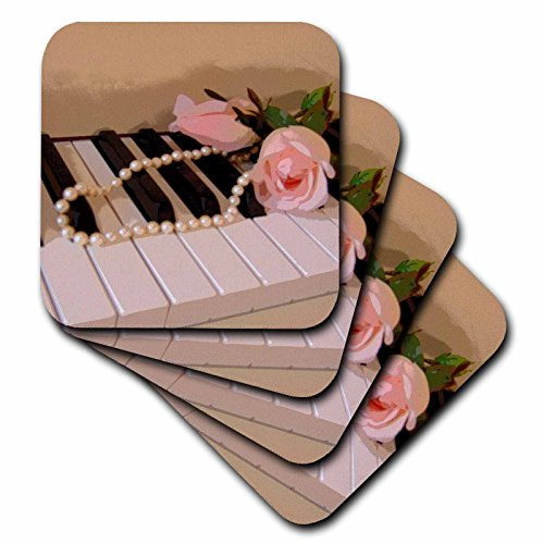 3dRose cst_35211_4 Pink Roses on Piano Keys-Ceramic Tile Coasters, Set of 8