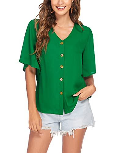 Meaneor Womens Loose Chiffon Blouse Short Sleeve V Neck Button Down T Shirts Summer Casual Tops Green