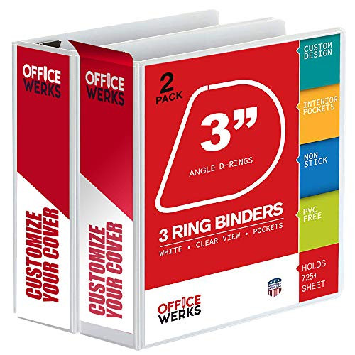 3 Ring Binder, 3" Professional D-Ring Binder, Presentation Folder for Standard Pages 8.5 x 11 with Pockets, Clear View White Binder -2 Pack-