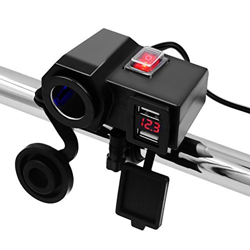 Aileap Waterproof Motorcycle Handlebar Power Supply System Phone Charger Adapter with Dual USB 5V/2.1A Ports, Cigarette Lighter Socket, Battery Voltmeter and Power Switch