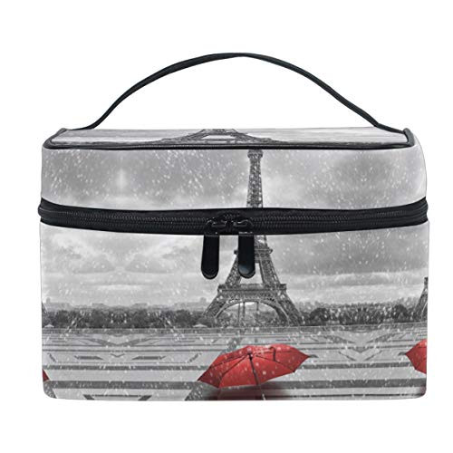 Paris Eiffel Tower Makeup Bag Romantic Red Umbrella Cosmetic Bag Toiletry Travel Brush Train Case for Women Zip Carrying Portable Multifunctional Organizer Storage Pouch Bags Box