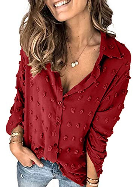 Sidefeel Womens Casual V Neck Polka Dot Pom Pom Buttom Down Shirt Solid Long Sleeve Chiffon Blouse Tops Red Small