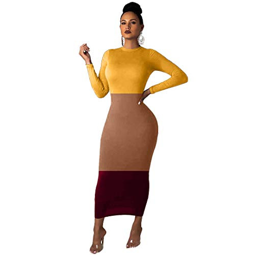 Fastkoala Sexy Color Block Maxi Dresses for Womens Off Shoulder Long Sleeve Mermaid Bodycon Formal Dress Yellow1 M