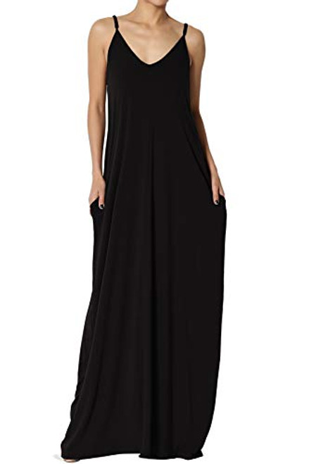 TheMogan Women's V-Neck Draped Jersey Cami Long Maxi Dress with Pocket Black S TheMogan Women's V-Neck Draped Jersey Cami Long Maxi Dress with Pocket Black S