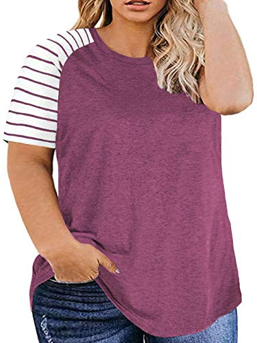Women's Plus Size Blouses Raglan Striped T-Shirts Short Sleeve Top Wine Red-22W