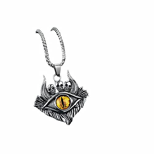 Gothic Skull Head Yellow Evil Eye Necklace for Men, Stainless Steel Skeleton Dragon Eye Necklace Demon Eye Ox Horn Pendant Necklace
