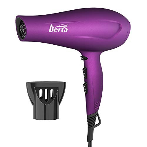 BERTA 1875 Watts Negative Ionic Blow Dryer Soft Touch Finish Tourmaline Ceramic Hair Dryer, Purple