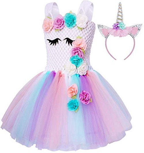 HenzWorld Little Girls Clothes Outfits Unicorn Costume Tutu Dresses Princess Birthday Party Supplies Halloween Cosplay Flowers Horn Ears Headband White Toddler Baby Kids 3T Age 2-3 Years