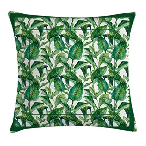 Ambesonne Green Throw Pillow Cushion Cover, Large Tropical Leaves Pattern Jungle Beach Island Theme Party Inspried Design Art, Decorative Square Accent Pillow Case, 20" X 20", White Green