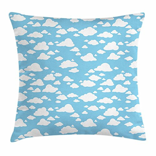 Ambesonne Blue Throw Pillow Cushion Cover, Clear Summer Sky Pattern with Clouds Dotted Background Cartoon Style Design, Decorative Square Accent Pillow Case, 20" X 20", Sky Blue