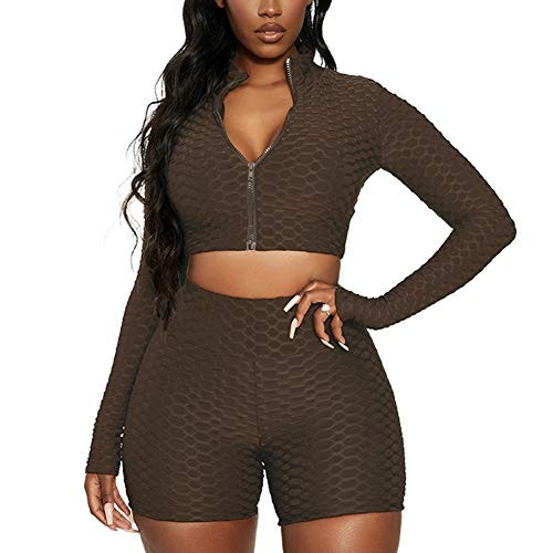 Workout Sets For Women 2 Piece Textured Long Sleeve Zip Up Crop Top Butt Lift Biker Shorts Summer Gym Yoga Outfits -Coffee, L-