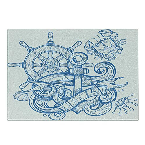 Ambesonne Vintage Nautical Tattoo Cutting Board, Pirate Anchor Steering Wheel Crab Shell Waves Abstract Print, Decorative Tempered Glass Cutting and Serving Board, Small Size, Azure Blue White