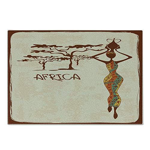 Ambesonne African Woman Cutting Board, Vintage Africa Themed Illustration Slim Indigenous Girl Figure Colorful Dress, Decorative Tempered Glass Cutting and Serving Board, Small Size, Multicolor