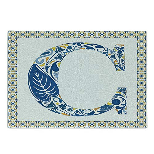 Ambesonne Letter C Cutting Board, Portuguese Culture Inspired Natural Elements in Letter C Alphabet Print, Decorative Tempered Glass Cutting and Serving Board, Small Size, Blue Yellow Orange