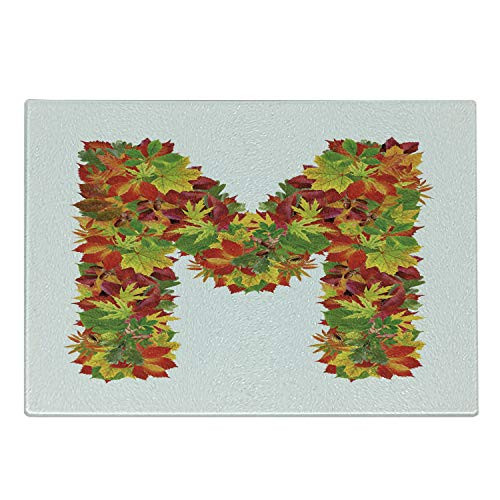 Ambesonne Letter M Cutting Board, Fall Season Elements Uppercase M Colored Leaves Acorns Autumn Nature, Decorative Tempered Glass Cutting and Serving Board, Small Size, Vermilion Yellow Green