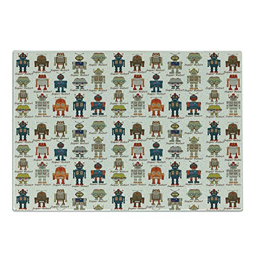Ambesonne Robot Cutting Board, Various Different Super Robot Figures Set in Cartoon Style Fantasy Futuristic Machine, Decorative Tempered Glass Cutting and Serving Board, Small Size, Multicolor