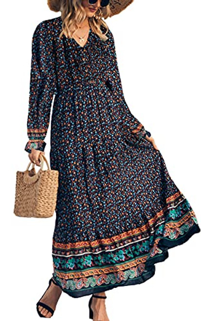 PRETTYGARDEN Women's Long Sleeve Chiffon Dress - V-Neck Casual Boho Floral Print Fall Long Maxi Dresses -Black,X-Large- PRETTYGARDEN Women's Long Sleeve Chiffon Dress - V-Neck Casual Boho Floral Print Fall Long Maxi Dresses -Black,X-Large-