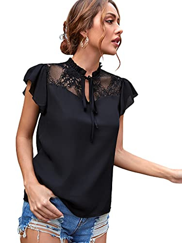 SheIn Women's Cap Sleeve Tie Neck Lace Tops Ruffle Trim Solid Blouse Shirt Black M
