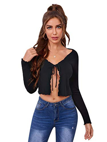 SOLY HUX Women's Tie Up Long Sleeve Lettuce Trim Crop Top Open Front Cardigan Sweaters Black M
