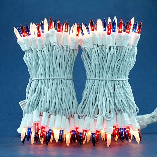 Red, White and Blue Incandescent Christmas Lights, 66 Ft White Wire 200 Mini Lights, UL Certified Holiday String Light, End to End Connectable Commercial Grade Lights Set -Red, Frosted White  and  Blue-