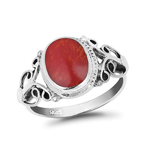 AeraVida Vintage Swirl Heart Reconstructed Red Coral Center .925 Sterling Silver Ring -7- AeraVida Vintage Swirl Heart Reconstructed Red Coral Center .925 Sterling Silver Ring -7-