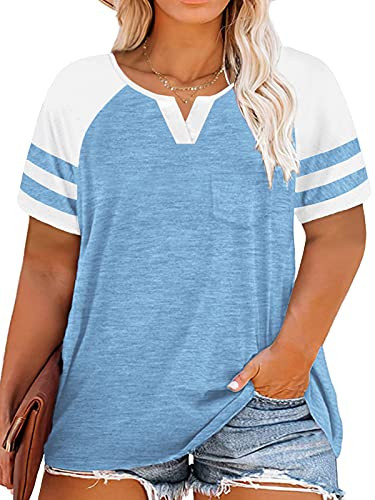 VOGRACE Women Plus Size Tops 3X Summer Casual Striped Shirts Blouses Light Blue 22W