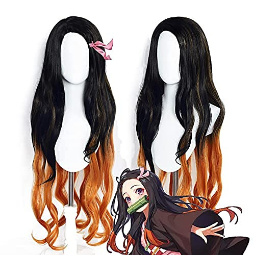 Demon Slayer Nezuko Cosplay Wig for Girls, Anime Long Curly Wave Orange and Black Wig, Halloween Costume Party Wigs for Women