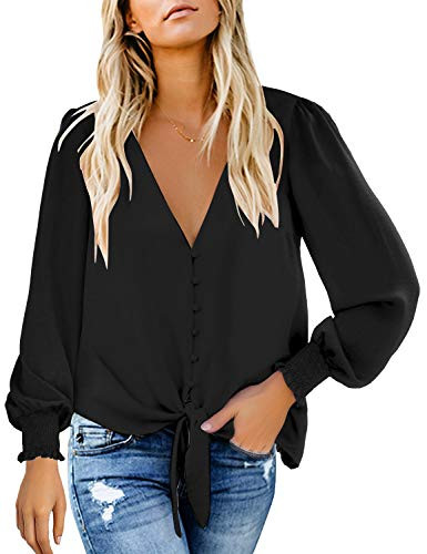 luvamia Women's Casual Long Sleeve V Neck Loose Button Down Shirts Tie Knot Tops Blouse Black Size S