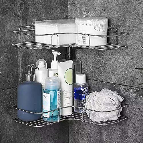 Felibeaco 2 Pack Corner Shower Caddy, Adjustable 304 Stainless Steel Corner Bathroom Shelf, No Drilling Wall Mounted Triangle Basket Storage Organizer Rack for Washroom, Toilet, Dorm, Kitchen, Sliver