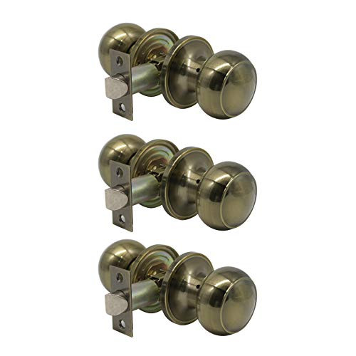 Probrico Round Door Knobs Passage Lock Antique Brass for Closet Hallway Passage Handle Keyless Lockset 3 Pack