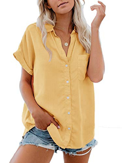 Paintcolors Women's Button Up Shirts Cotton Short Sleeve Blouses V Neck Casual Tunics Solid Color Tops with Pockets - Yellow XXL