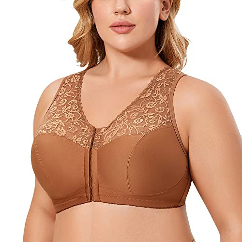 DELIMIRA Women's Full Coverage Wirefree Lace Plus Size Front Closure Bra Racerback Nutmeg Brown 38DD