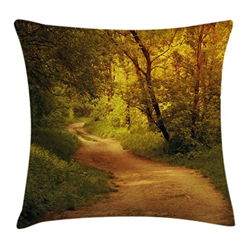 Ambesonne Landscape Throw Pillow Cushion Cover, Forest Farm Country Life Road with Flowers Trees in Woods Photo, Decorative Square Accent Pillow Case, 20" X 20", Forest Green and Pale Brown