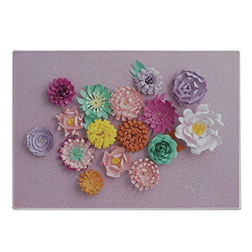 Lunarable Colorful Cutting Board, Flat Lay Design Multiple Handmade Paper Flowers Illustration Art Print, Decorative Tempered Glass Cutting and Serving Board, Small Size, Blush and Multicolor