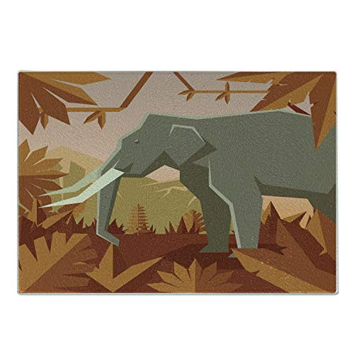 Lunarable Animal Cutting Board, Flat Geometric Illustration of Elephant Standing in Autumn Forest, Decorative Tempered Glass Cutting and Serving Board, Small Size, Pale Salmon Dimgray