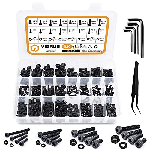 304 Stainless Steel Screws and Nuts,520pcs M3 M4 M5 M6 Hex Socket Head Cap Screws Assortment Set Kit with Storage Box Black