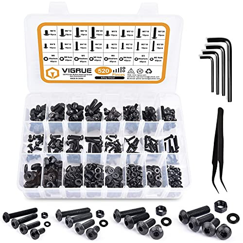 304 Stainless Steel Screws and Nuts,520pcs M3 M4 M5 M6 Hex Button Socket Head Cap Screws Assortment Set Kit with Storage Box