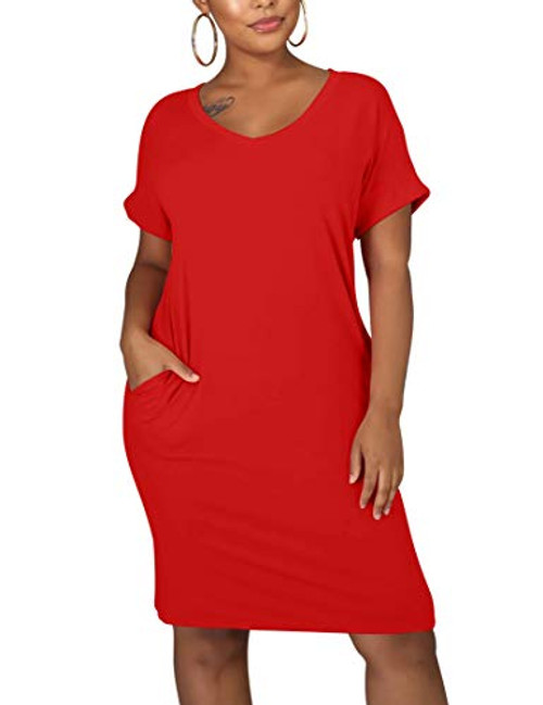 cailami Women's Summer V Neck Short Sleeve Midi Tshirt Dresses Casual Tunic Dress with Pockets, Small, Red