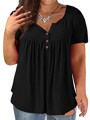 Womens Plus Size Tops Summer Henley Shirts Loose Fit Tunic Black 20W