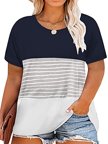 Summer Tops for Women Plus Size 3X Casual Tee Striped Shirts Navy Blue 22W