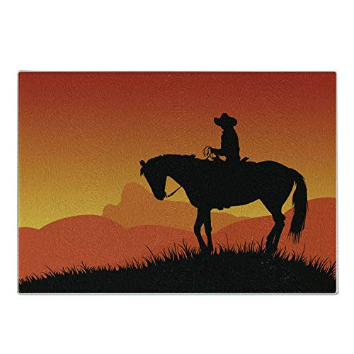 Ambesonne Silhouette Cutting Board, Lonely Cowboy at Hill on Horseback Heroic Sunset View Print, Decorative Tempered Glass Cutting and Serving Board, Small Size, Black Vermilion Orange Paprika